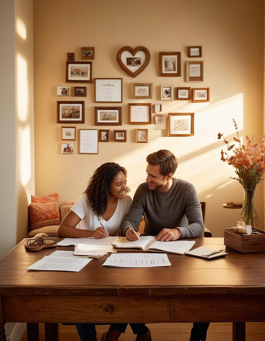 A warm, inviting scene depicting a couple lovingly reviewing insurance policies in a sunlit living room filled with personal mementos, surrounded by symbols of love such as heart-shaped frames and a cozy atmosphere. Include a stack of policy documents on a wooden table and glowing quotes about protection and love on a nearby wall. Emphasize the emotional connection and peace of mind that insurance brings. soft focus. vibrant colors. cozy atmosphere.