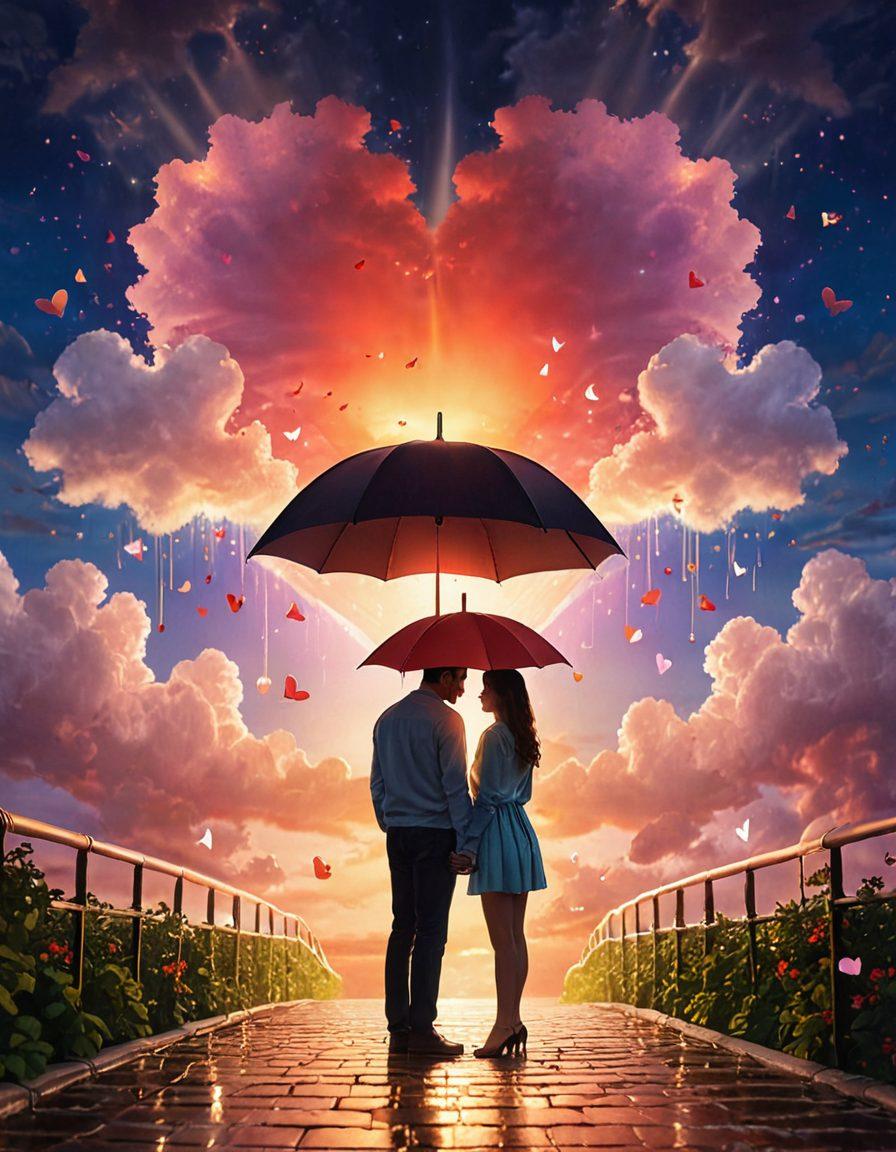 A serene scene featuring a couple holding hands under an umbrella, symbolizing protection, surrounded by heart-shaped clouds and soft, glowing lights. In the background, a colorful heart-shaped lock represents security in relationships. The overall mood is warm and inviting, evoking feelings of love and assurance. super-realistic. vibrant colors. soft focus.