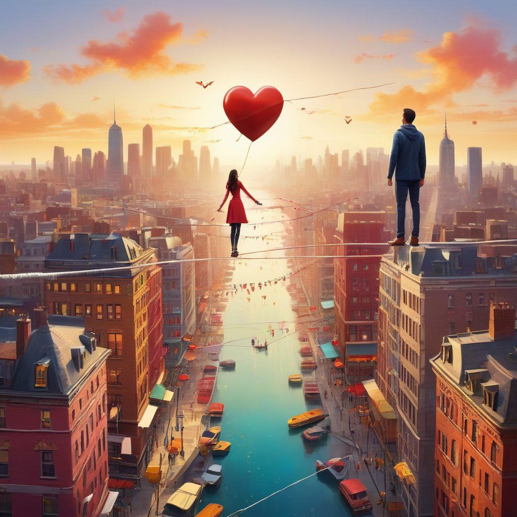 A couple standing close together on a tightrope above a vibrant cityscape, symbolizing balance in their relationship. They are surrounded by floating icons representing various relationship insurance options like heart shields and safety nets, conveying a sense of security and protection. The scene is bright and optimistic with warm colors signifying love and stability. The background features a stylized skyline suggesting future possibilities. super-realistic. vibrant colors. white background.